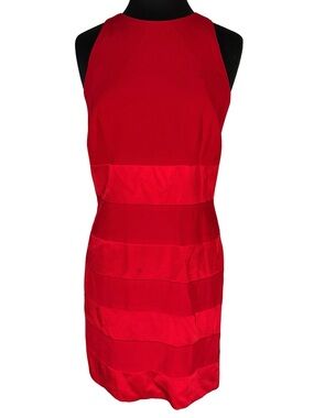 Spenser Jeremy Red Sleeveless Large Stripe Band-Detail Sheath Dress